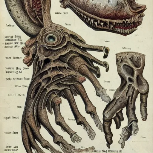 Prompt: body horror fossilised extinct marine animal, all tomorrows style, scientific illustration, 1 9 th century, skin,