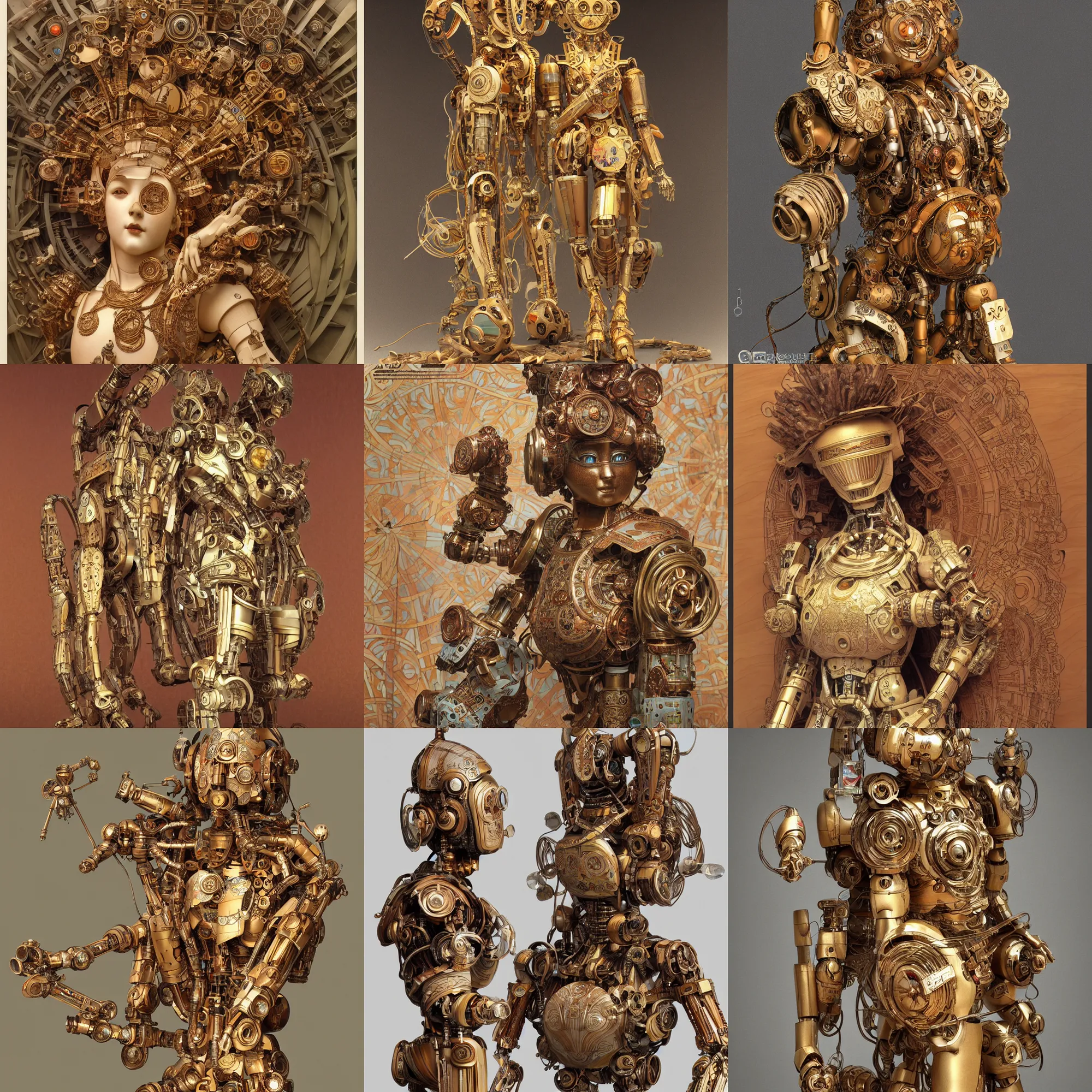 Prompt: octane render ultra photorealistic hyper detailed, intricate a very very sculpture cute wooden and ceramic mystical statue robot of the roman organiquecyberpunk a contemporary art gallery in neo tokyo artwork alphonse mucha