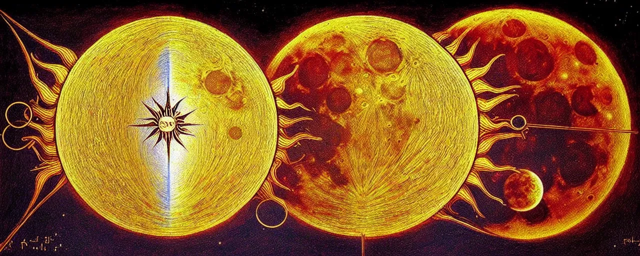 Image similar to the sun radiates a unique canto'as above so below'to the moon, while being ignited by the spirit of haeckel and robert fludd, breakthrough is iminent, glory be to the magic within, in honor of saturn, painted by ronny khalil