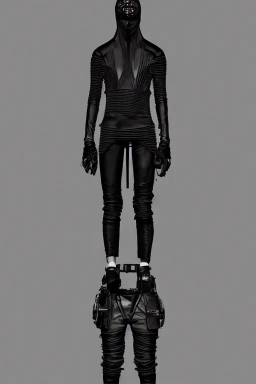 Image similar to avant garde techwear look and clothes, we can see them from feet to head, highly detailed and intricate, luxury, cinematic, rick owens, yohji yamamoto, y 3, outfit photo, hot on r / streetwear, trending on artstation,