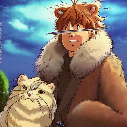 Image similar to guy and furr creature , with Fragile looking character portrait face made by Studio Ghibli highly detailed art, beautiful scene, sharp focus, smooth, nostalgic 8k, anime art