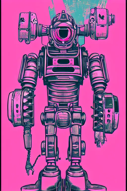 Image similar to pink mech robot - aesthetic, 4 k, acrylic paint style, pencil style, torn magazine style, pop art style, bioshock style, by mike swiderek, jorge lacera, ben lo, tyler west, ultrarealistic, sharp focus, intricate