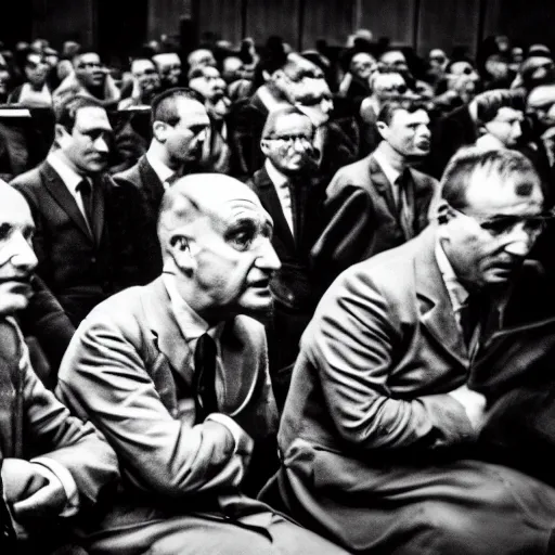 Image similar to The minions at the Nuremberg trials, monochrome, very low contrast, noise