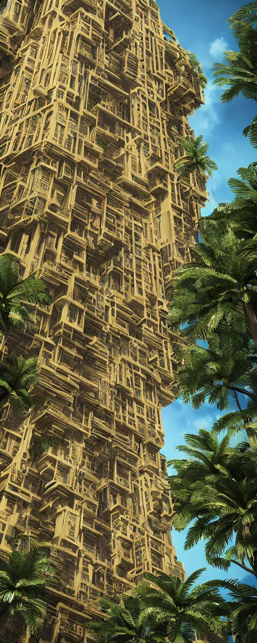 Image similar to solarpunk style, eye level view of a contemporary tower, golden intricate details, stone facade, sacred architecture, hanging gardens, cascading highrise, arid mountains with lush palm forest, photorealistic, sunlight, 8 k, post - production, octane, cgi, sfx