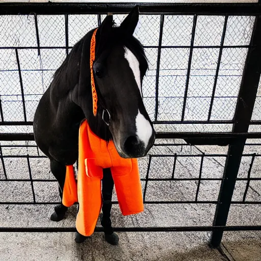 Image similar to horse with orange inmate clothes, in a jail