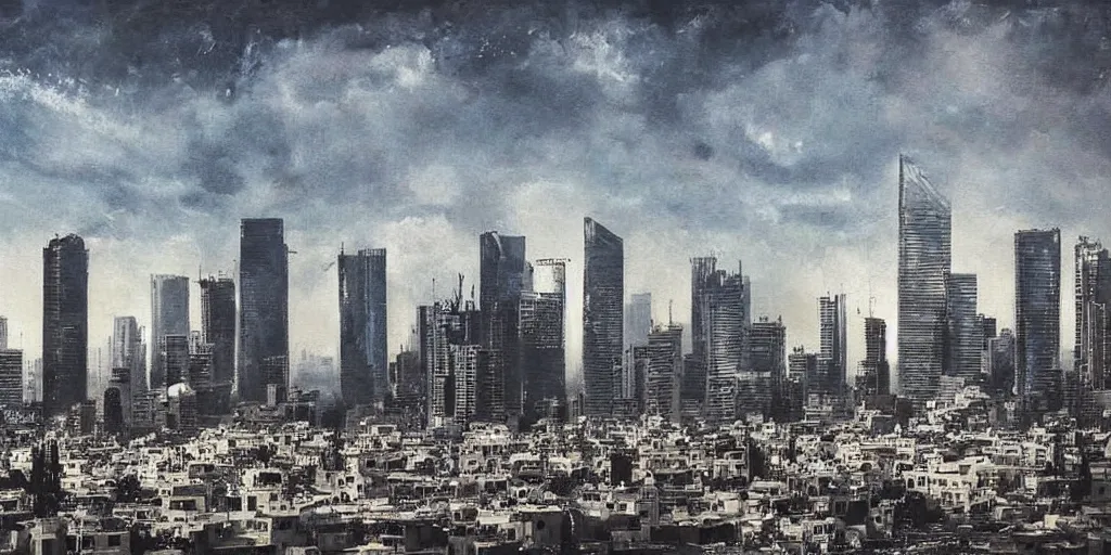 Prompt: an epic painting of the skyline of Tel Aviv in a future dystopian world, dark vibe,