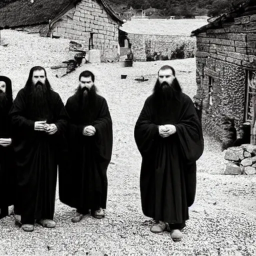 Prompt: photo of breton monks looking like rasputin with with athos monks on athos, with a goat