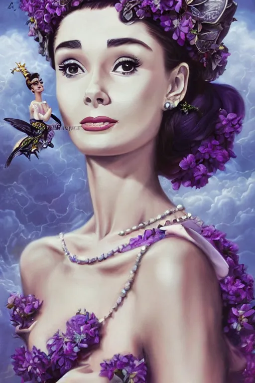 Image similar to closeup portrait fine art photo of the beauty audrey hepburn, she has a crown of stunning flowers and dress of purple satin and gemstones, symmetrical realistic eyes, background full of stormy clouds, by peter mohrbacher