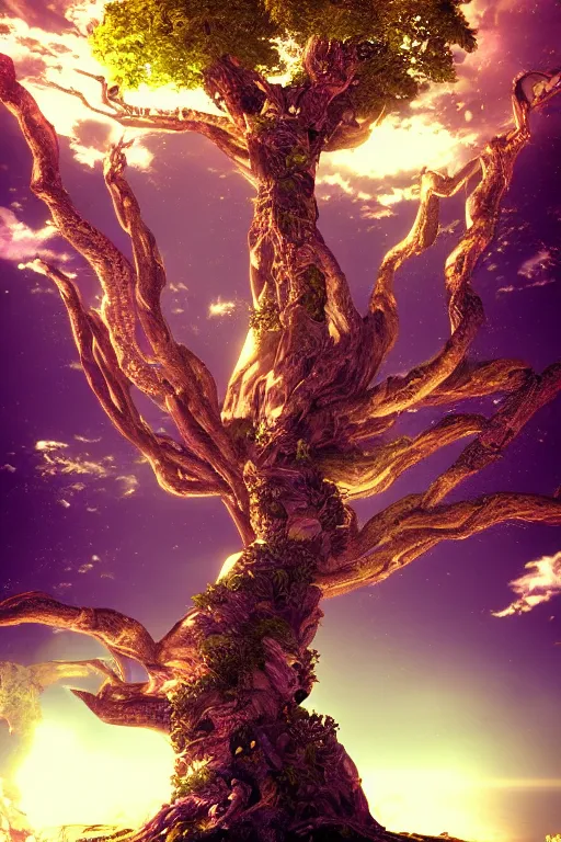 Image similar to The tree of the knowledge of good and evil, photorealistic, fantasy, unreal engine, colorful, cinematic