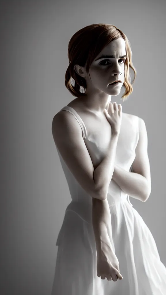 Prompt: detailed photo of emma watson cosplaying annie leonhart wearing open toe high heels and wearing a white dress in a white room looking up, beautiful face, pale skin, rule of thirds, cinematic lighting, sharp focus, backlit, stunning, smooth, hard focus, full body shot, studio photo, shot on sony a 7 iii, hyper realistic, camera sony nicon