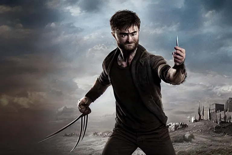 Prompt: Daniel Radcliffe as Wolverine in 'Logan 2' (2023), movie still frame, promotional image, imax 70 mm footage, oscar nominated cinematography, volumetric lighting, 8k resolution