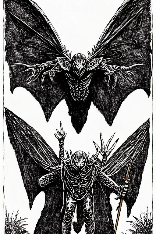 Prompt: mothman as a d & d monster, full body, pen - and - ink illustration, etching, by russ nicholson, david a trampier, larry elmore, 1 9 8 1, hq scan, intricate details, inside stylized border