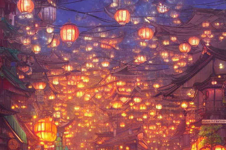 Prompt: fantasy art of a japan town at night, filled with glowing goldfish lanterns, by makoto shinkai, highly detailed digital art, trending on artstation