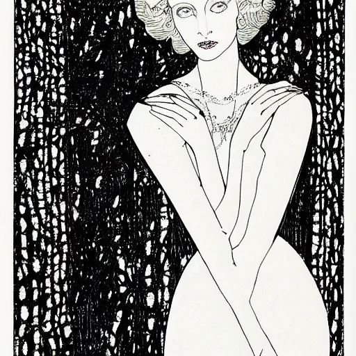 Image similar to illustration or margot robbie in black and white by harry clarke