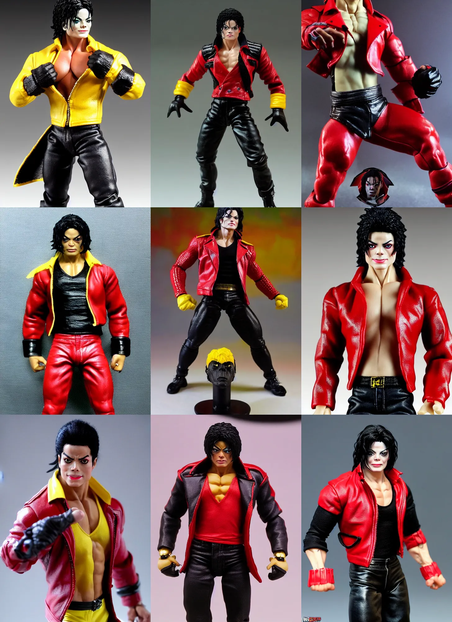 Prompt: michael jackson oversized muscular hulked powerlifter by neca!!! pretty! beautiful! action pose shirtless muscular black pants red leather thriller jacket with yellow details very detailed realistic action figure by neca!!. macro face very close!! shot face shot head shot. in the style of tekken 5, character from mortal kombat, film still, bokehs
