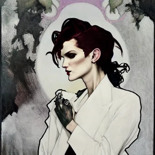 Image similar to fetching portrait of androgynous ruby rose as desire from sandman in a white tuxedo!!!, rockabilly style,, by alphonse mucha, by jeremy mann, by peter lindbergh, dave mckean, by frank moth, white suit and black tie, soft lightning, high detailed, 8 k