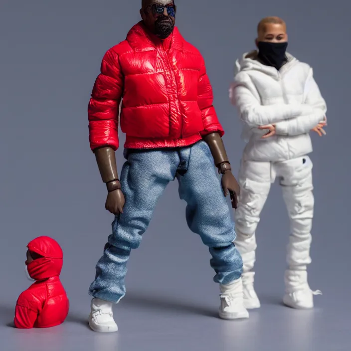 Image similar to a action figure of kanye west using full face - covering mask with small holes. a small, tight, undersized reflective bright red round puffer jacket made of nylon. a shirt underneath. red jeans pants made of nylon. a pair of red shoes, figurine, detailed product photo, 4 k, realistic, acton figure, studio lighting, professional photo