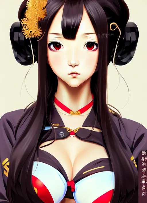 Prompt: glamorous and sexy Geisha schoolgirl, portrait of beautiful young anime girl in bikini armor, cute-fine-face, pretty face, realistic shaded Perfect face, fine details, photorealism, Anime, cyberpunk, Warhammer, highly detailed, artstation, illustration, art by Ilya Kuvshinov and Gustav Klimt