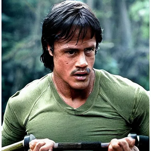 Image similar to rambo from first blood on a kick scooter