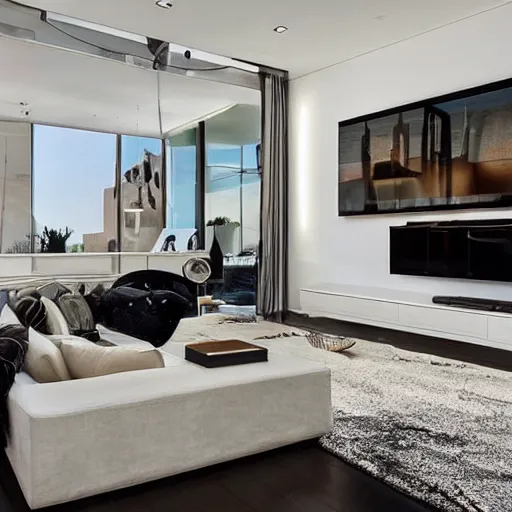 Image similar to a modern villa living room in los angeles, hyper - realistic
