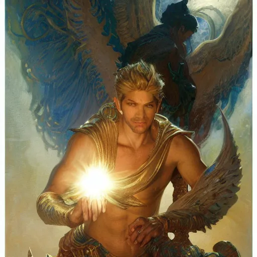 Image similar to attractive male deity casts light spell, summons attractive male lucifer morningstar. highly detailed painting by gaston bussiere, craig mullins, j. c. leyendecker 8 k