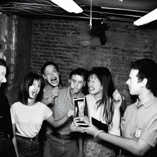 Image similar to A Group of Friends having a moment of nostalgia in their cramped basement, 90s Film Photo, Flash Photography, 40mm lens, Award Winning, 8k Film Scan