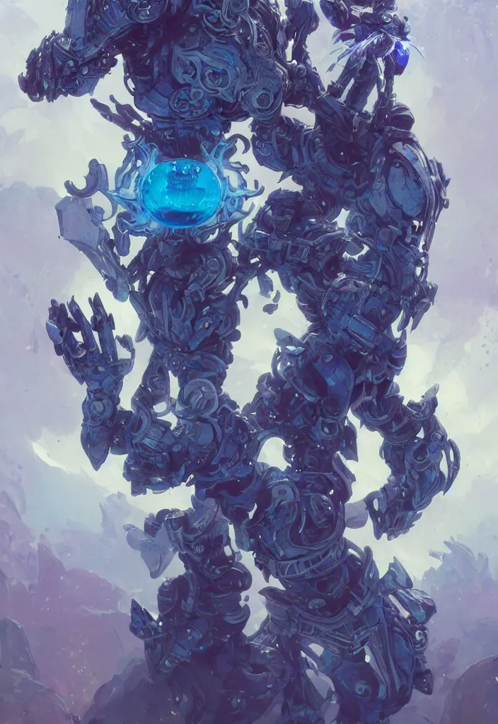 Image similar to full body picture of a blue mech armor witch, standing on a floating greed cubes with monster companions, model pose, very brightening eyes, huge magic circles on the hand, magic and fantasy, extremely beautiful and aesthetic and detailed cute face, specular reflection, occlusion shadow, intricate, masterpiece, by ilya kuvshinov and jeremy lipking and quentin mabille