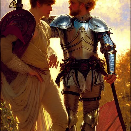 Image similar to attractive arthur pendragon and his attractive male knight, they are in love, natural lighting, path traced, highly detailed, high quality, digital painting, by gaston bussiere, craig mullins, alphonse mucha j. c. leyendecker