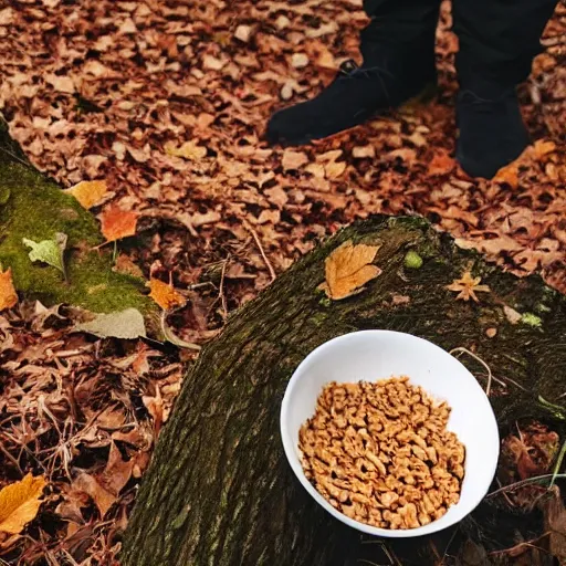 Image similar to a distant photo of a bowl of cereal on a forest floor in autumn while a shadowy man hides behind a tree