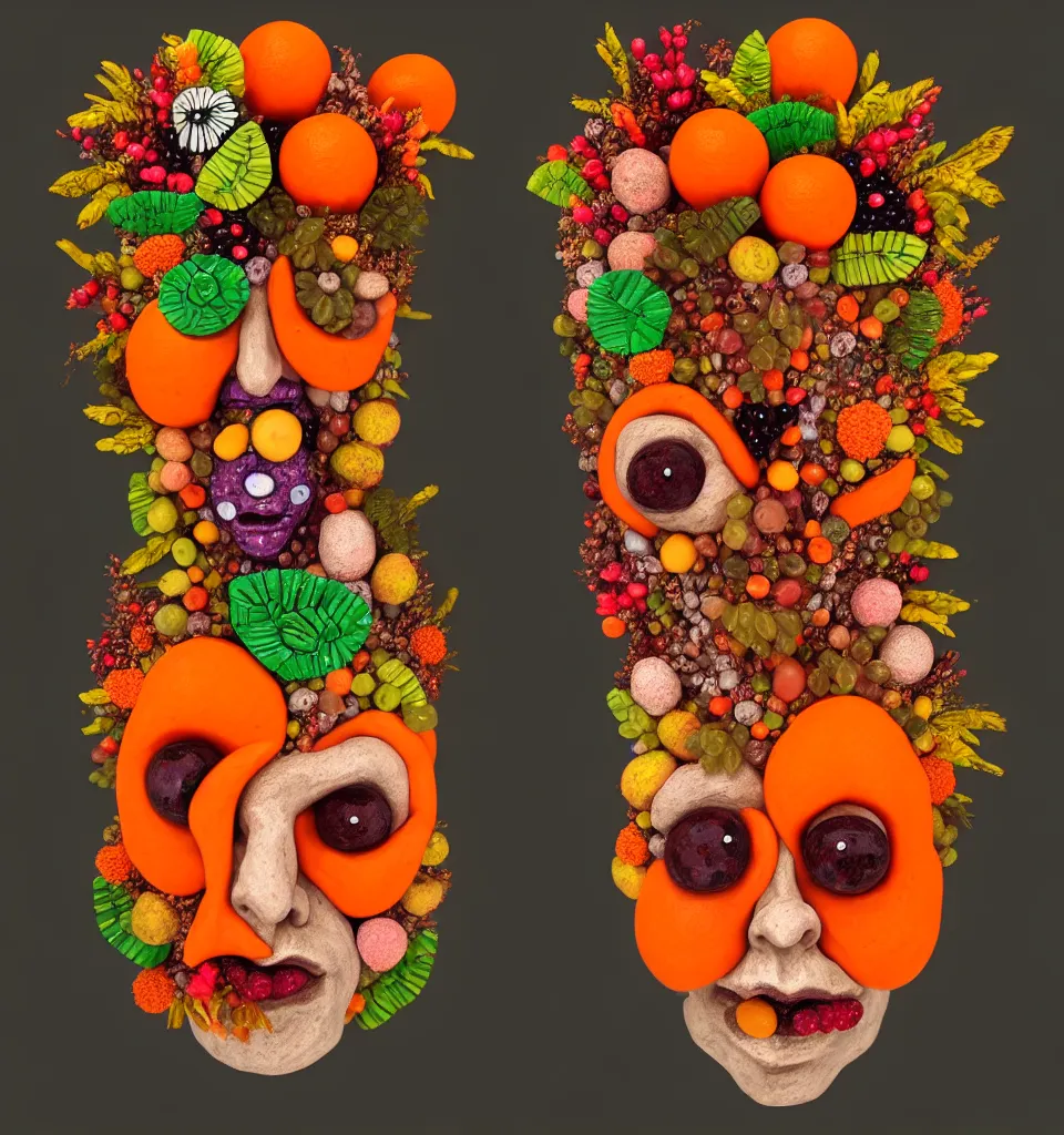 Prompt: headshot of a trickster nature spirit, head made of fruit gems and flowers in the style of arcimboldo, fragonard, photorealistic, dynamic lighting, action figure, clay sculpture, claymation, dull orange streaked background