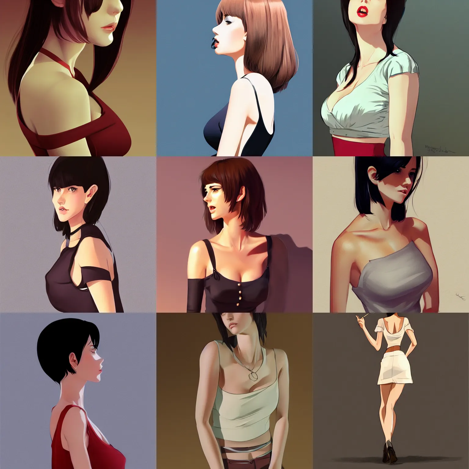 Prompt: sexy girl in a low cut blouse and short skirt, seductive pose, side-view. highly detailed, digital painting, concept art, in the style of ilya kuvshinov, high definition digital art, ilya kuvshinov