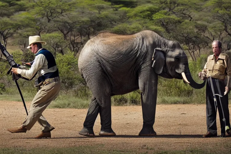 Prompt: Cinematography the king Juan Carlos I of Spain shooting an elephant with a rifle in an african safari by Emmanuek Lubensky