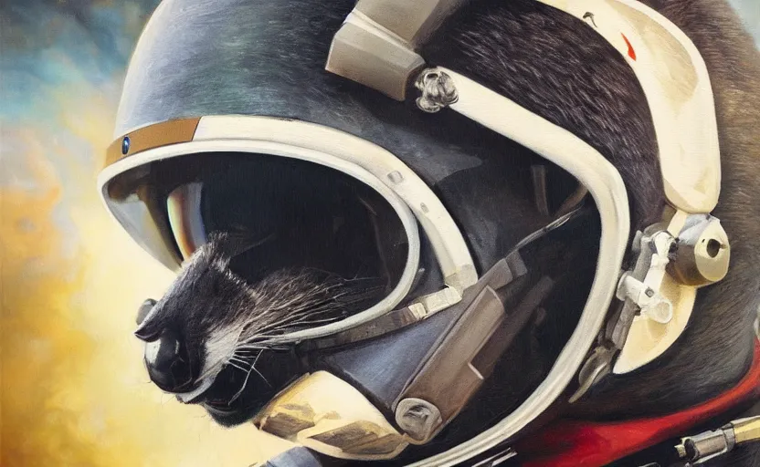 Image similar to oil painting of a racoon in a astronaut suit with helmet, 35mm, photo, Epic, cinematic, highly detailed and intricate