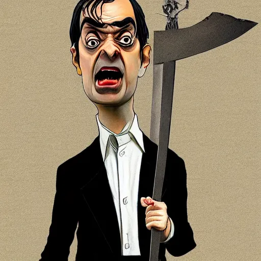 Prompt: mr. bean holding two swords, standing on a battlefield, in the style of attack on titan