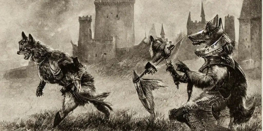 Prompt: anthropomorphic furry wolf in armor fighting in front of a castle, 1900s picture