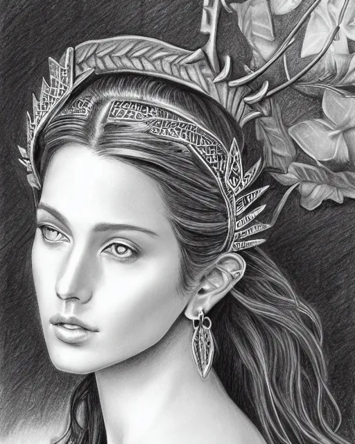 Image similar to long shot realism pencil drawing of a beautiful greek goddess aphrodite wearing a laurel wreath and arrowhead earrings, beautiful confident eyes, beautiful flowing hair, hyper realistic face, in the style of artgerm, fantasy, amazing detail, epic, elegant, smooth, sharp focus, from the front