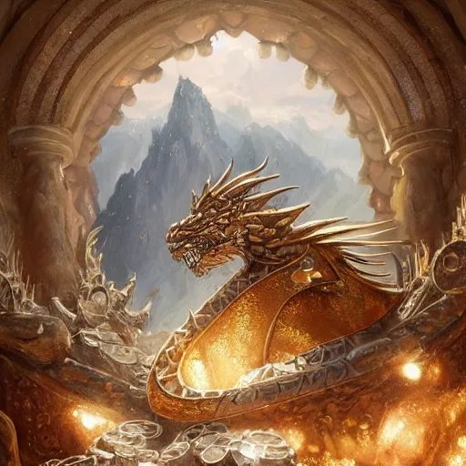 Image similar to concept art of a white scaled dragon laying on a mountain of golden coins and precious jewels inside a castle, medieval, jewels, gold, painting by wlop, nixeu and greg rutkowski, beautiful, semirealism, artstation, octane render, sharpness, 8 k, golden ratio