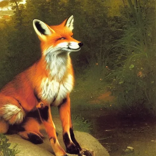 Image similar to An animal portrait of a fox in a flowing dress by Robert Cleminson and William-Adolph Bouguereau, forest and rivers in the background by Albert Bierstadt