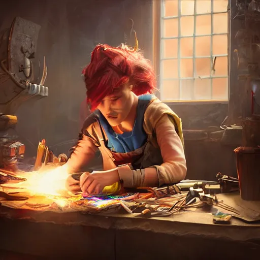 Image similar to An epic fantasy comic book style portrait painting of a young tinker girl working on a device in her workshop, unreal 5, DAZ, hyperrealistic, octane render, cosplay, RPG portrait, dynamic lighting