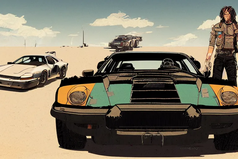 Image similar to digital illustration of mad max's 9 1 1 pursuit special, the last v 8 interceptor by makoto shinkai, ilya kuvshinov, lois van baarle, rossdraws, basquiat