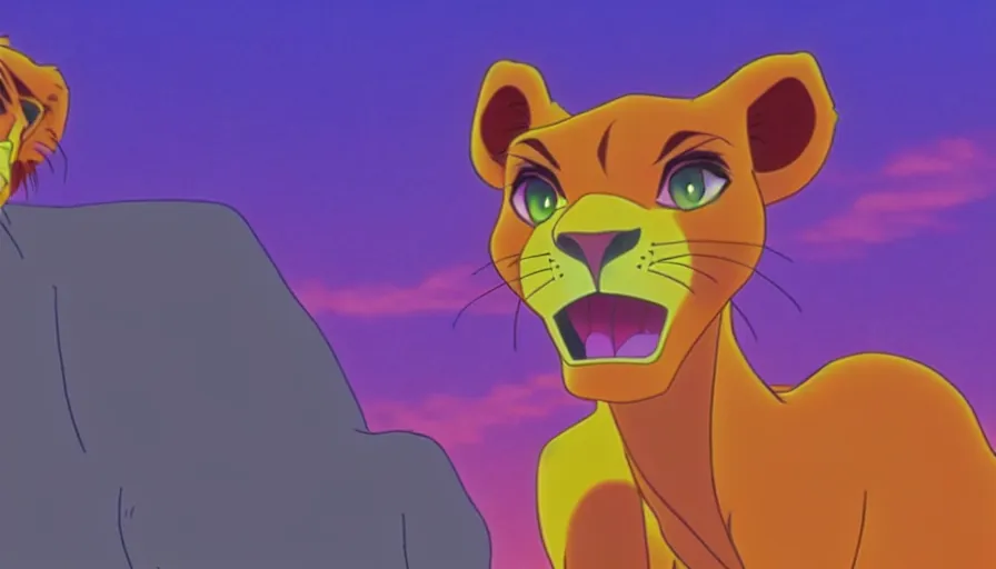 Prompt: simba from the lion king standing in tokyo - 3 in a long shot still from the anime neon genesis evangelion, 4 k, neon genesis evangelion official media, high quality, hideaki anno anime