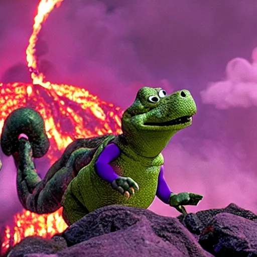 Prompt: Barney the purple dinosaur drowning in lava clutching the one ring, high resolution movie still, film by Peter Jackson