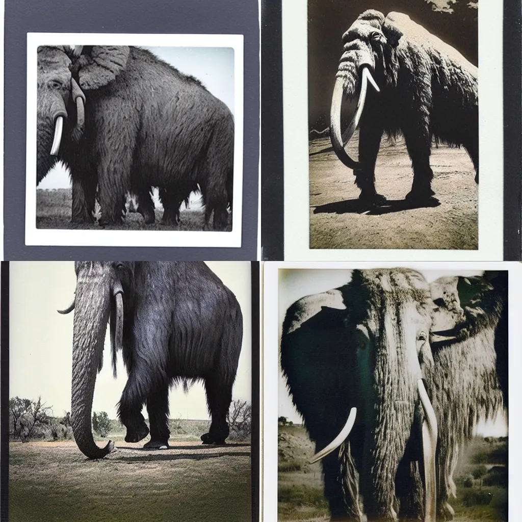 Prompt: polaroid photo of a real mammoth from far away