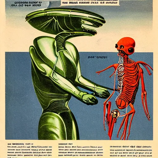 Prompt: “a 1950s future prediction of an alien species biology, 1950s magazine illustration, anatomy illustration”
