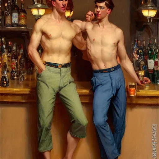 Prompt: attractive maculine male with brunet hair and attractive masculine male with blond hair. pants and shorts, drinking their hearts out, in a pub. highly detailed and very defined painting by j. c. leyendecker, gaston bussiere, craig mullins 8 k