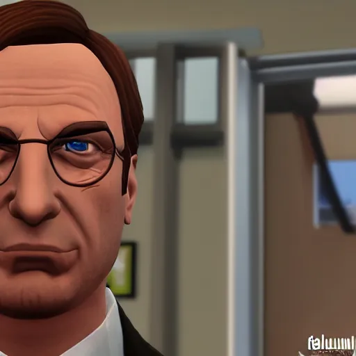 Image similar to saul better call saul, saul goodman, in the sims, realistic, photorealistic, high - resolution, sigma art 8 5 mm f 1. 4, very very saul goodman, very very very saul goodman, better call saul, inside the sims