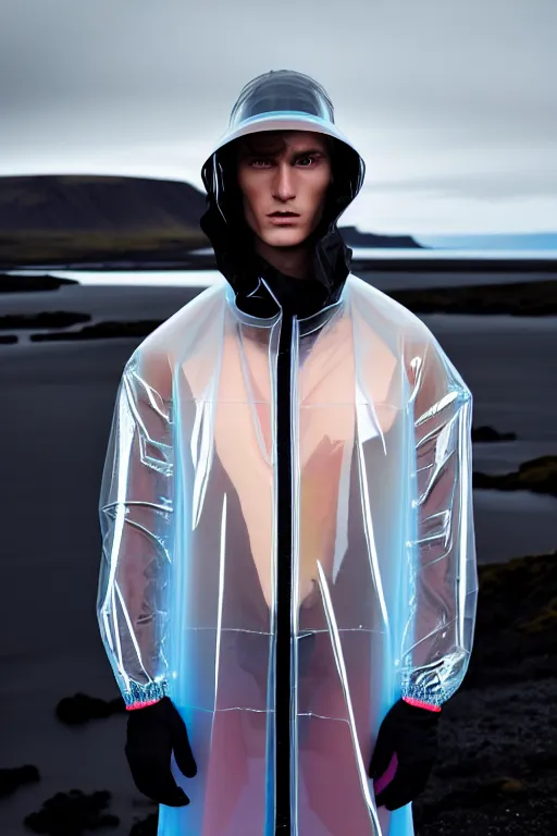 Image similar to an ultra high definition professional high fashion portrait studio full length photograph of a male model wearing a transparent pearlescent raincoat and neon visor in an icelandic black rock environment at dawn. no artefacts. extremely detailed. stark. refraction. shallow depth of field. volumetric light and shadow. ray tracing. light rays.