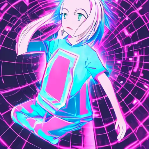 Prompt: pink haired woman in the anime style crossing her arms across her chest, motion blur, holography,