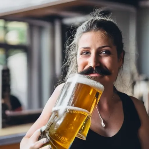 Prompt: a photo of a woman with a beard and moustache. she is smiling and drinking a big german beer.