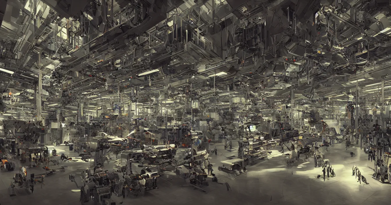 Prompt: Realistic detail photo of a factory interior for mech robots production, full of various electronic and mechanical mech parts, weapons, devices and instruments, with hardware engineers and scientists walking around, spotlights from ceiling, incredible sharp details, light contrast, dark atmosphere, bright vivid colours, reflections, metal speculars, rendered in Redshift, Octane,journalistic photography from year 2194,